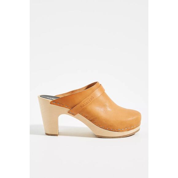 Swedish Hasbeens Classic Slip On Cognac Tan Leather Block Heel Clogs Size 40 - Picture 1 of 5